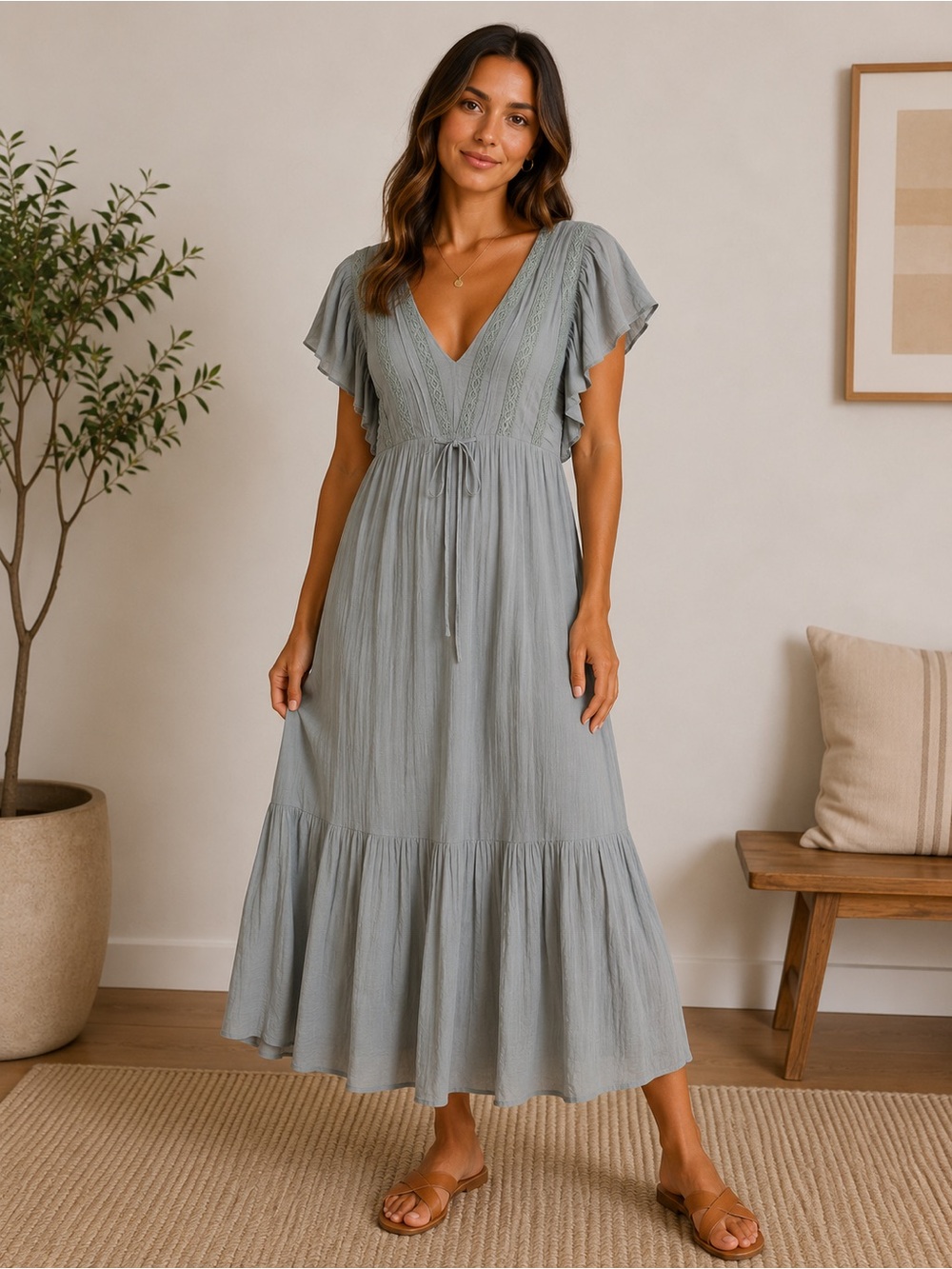 Polagram Sage V‑Neck Midi Dress with Flutter Sleeves